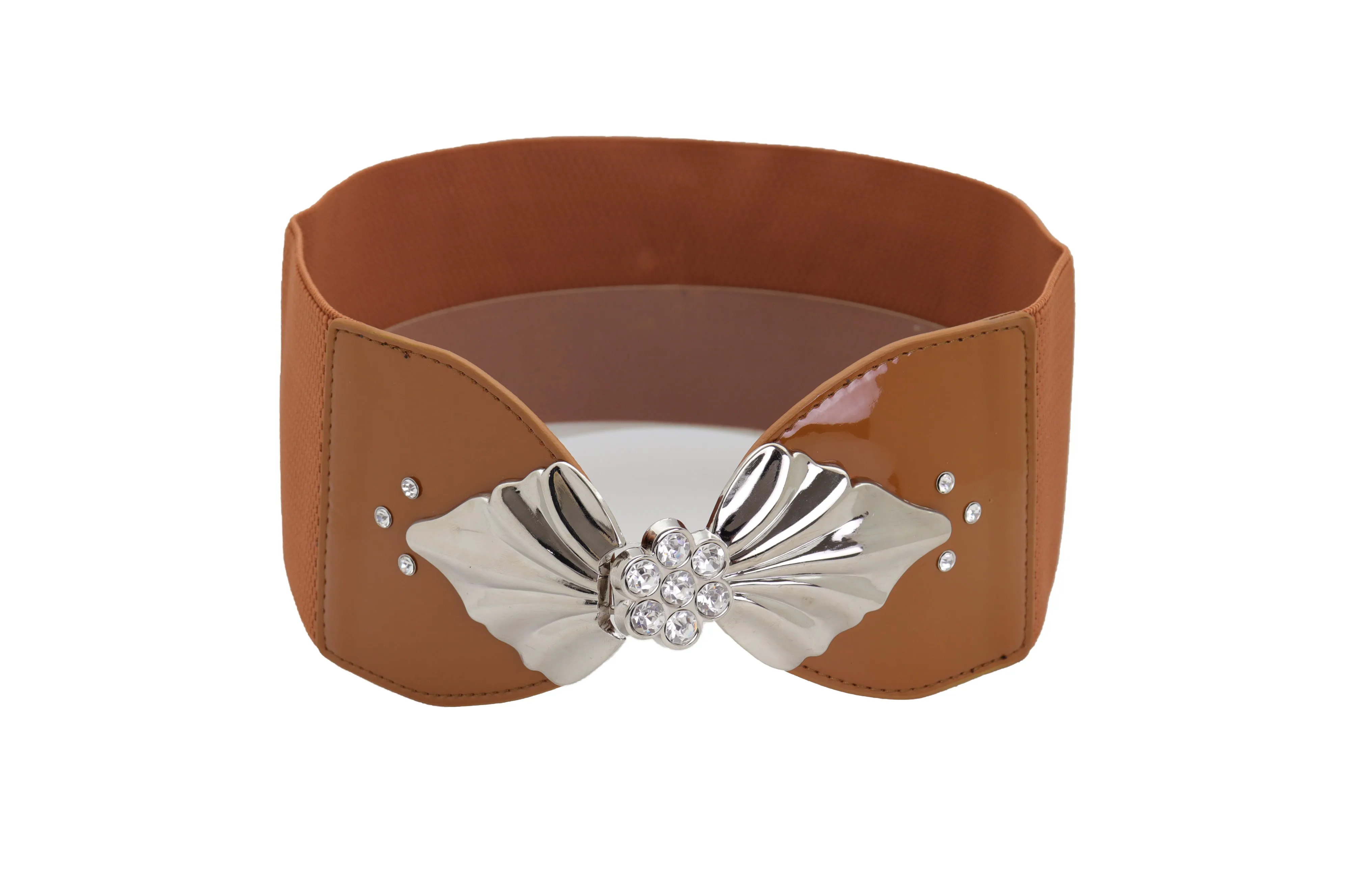 High Waist Hip Wide Elastic Brown Belt Silver Metal Leaf Buckle Size S M