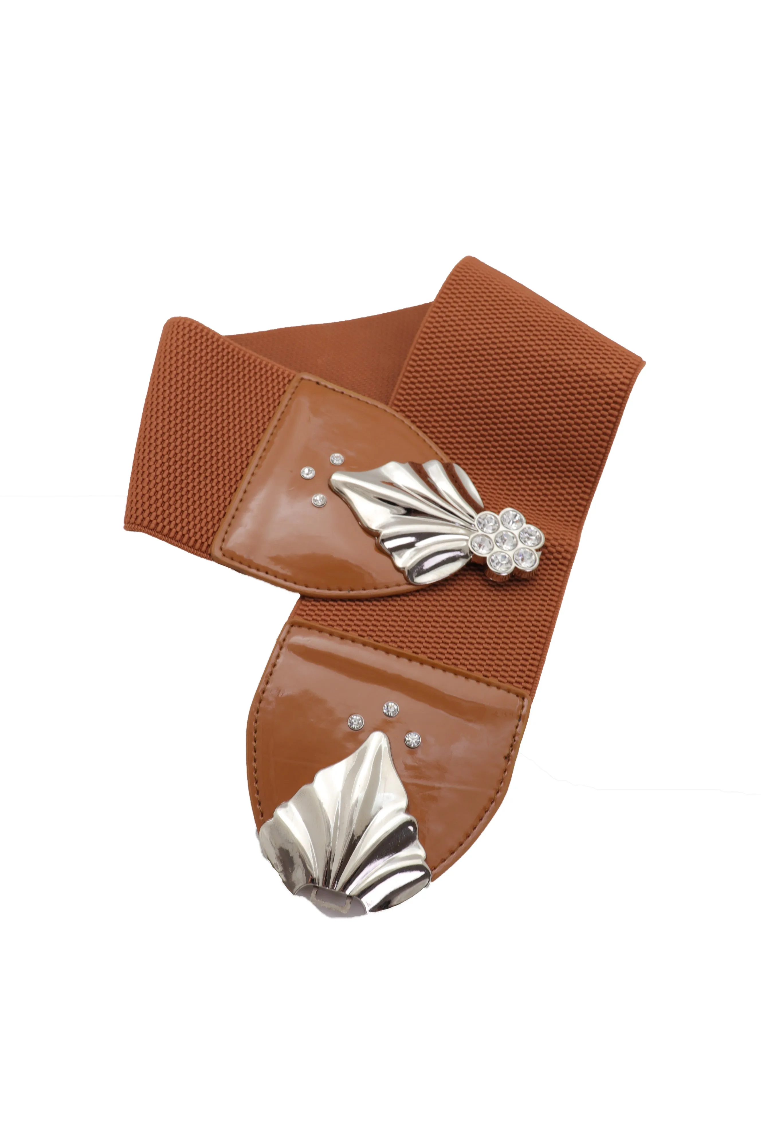 High Waist Hip Wide Elastic Brown Belt Silver Metal Leaf Buckle Size S M