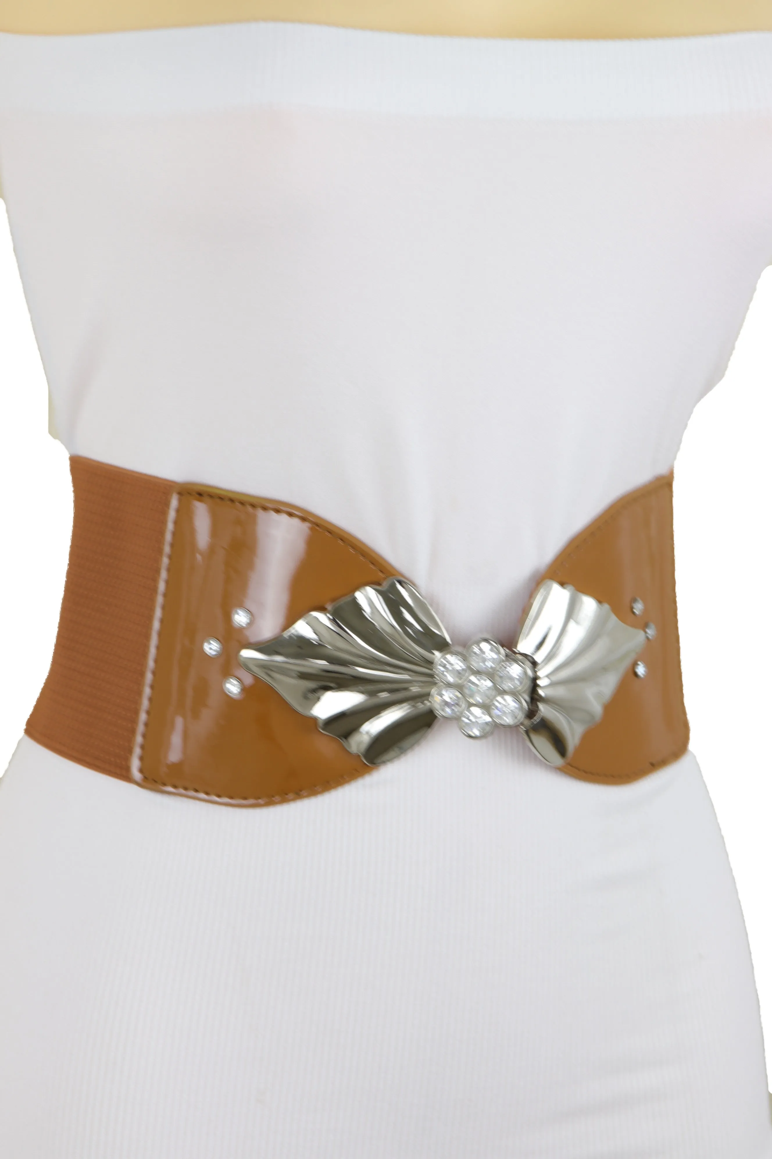 High Waist Hip Wide Elastic Brown Belt Silver Metal Leaf Buckle Size S M