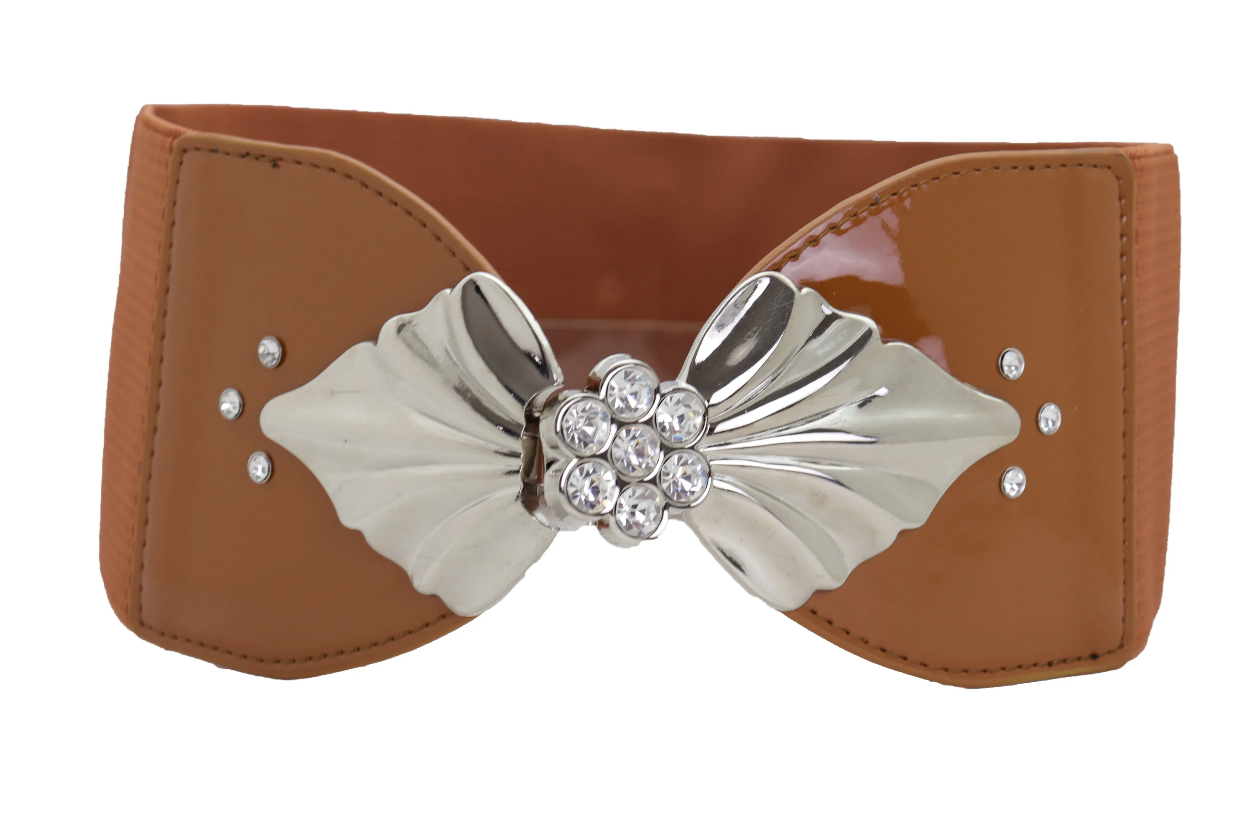 High Waist Hip Wide Elastic Brown Belt Silver Metal Leaf Buckle Size S M