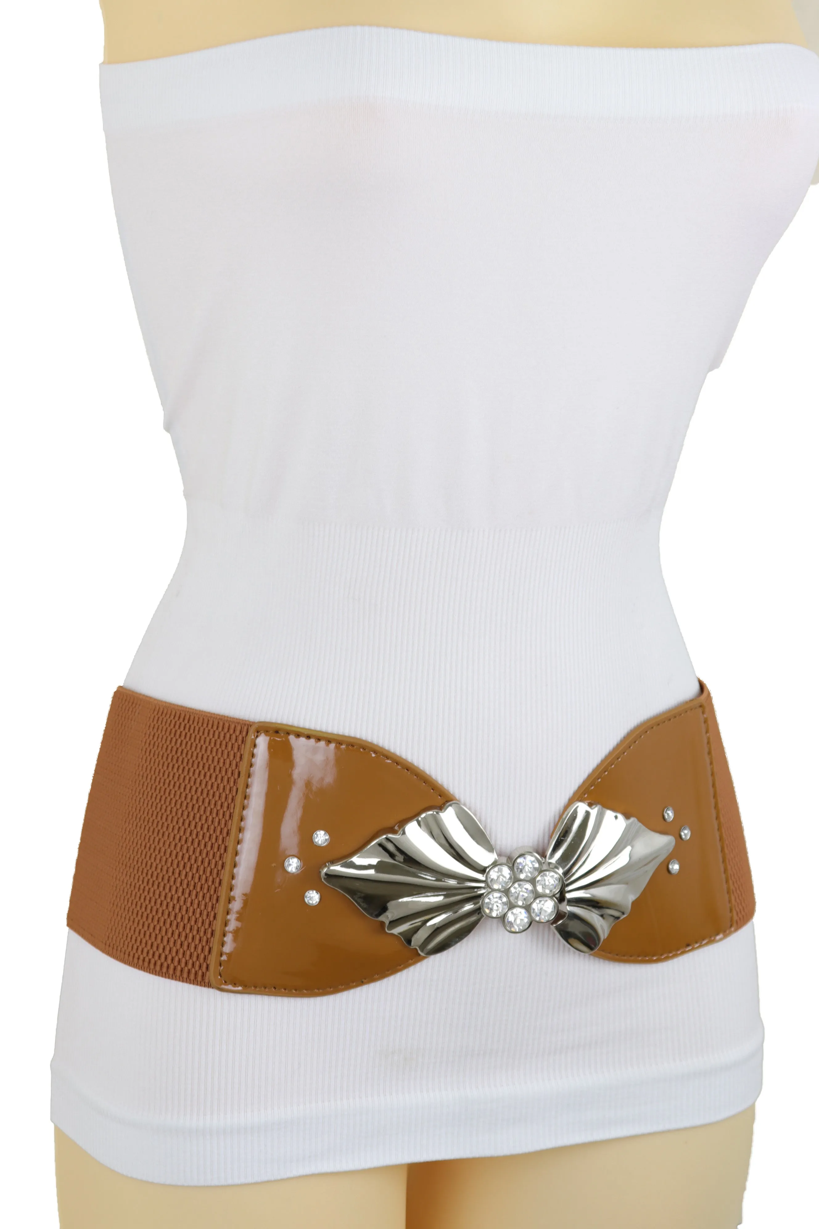 High Waist Hip Wide Elastic Brown Belt Silver Metal Leaf Buckle Size S M