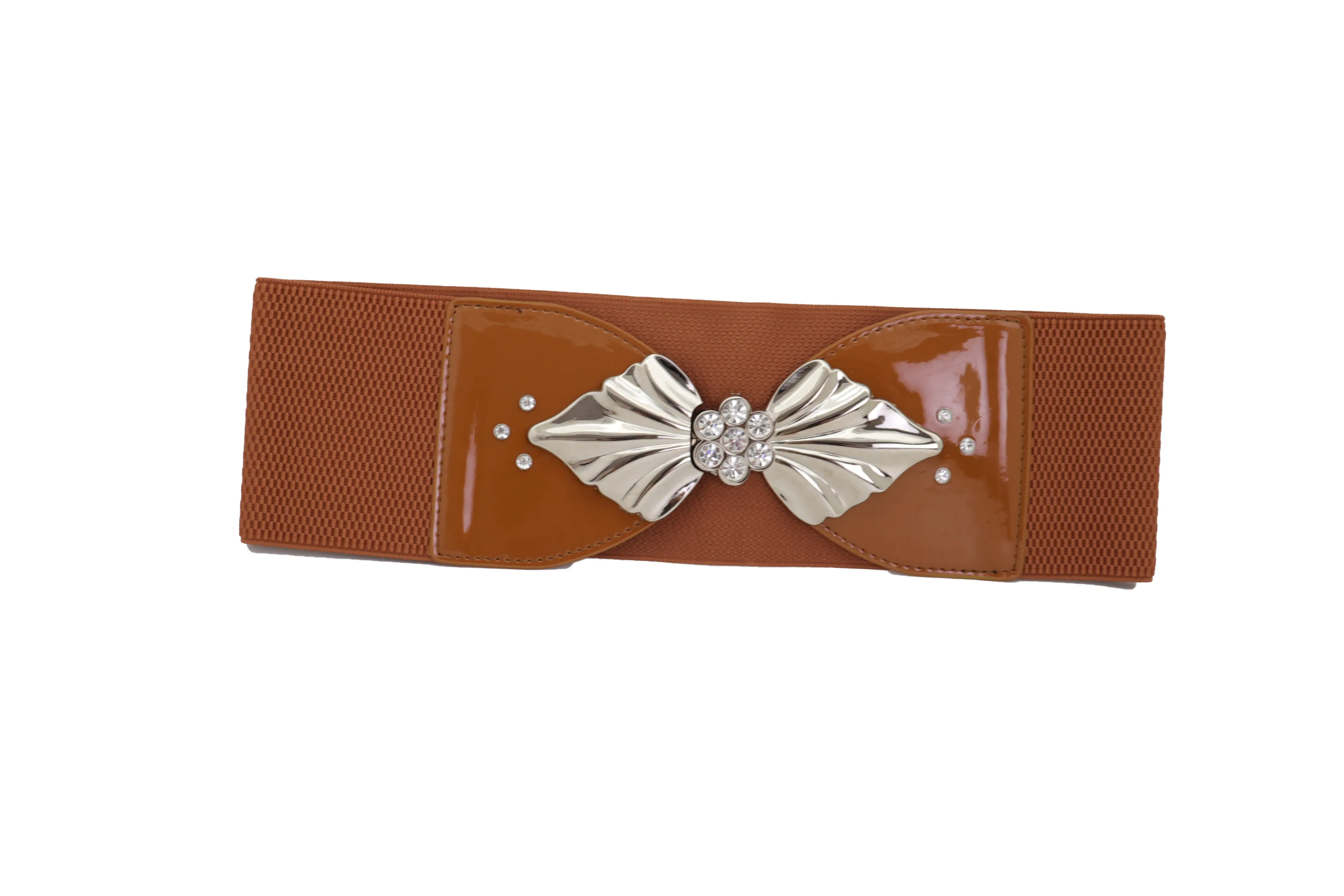 High Waist Hip Wide Elastic Brown Belt Silver Metal Leaf Buckle Size S M