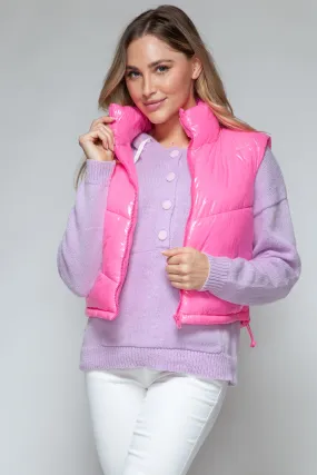 Hot Pink Zip Up Turtleneck Shiny Quilted Vest