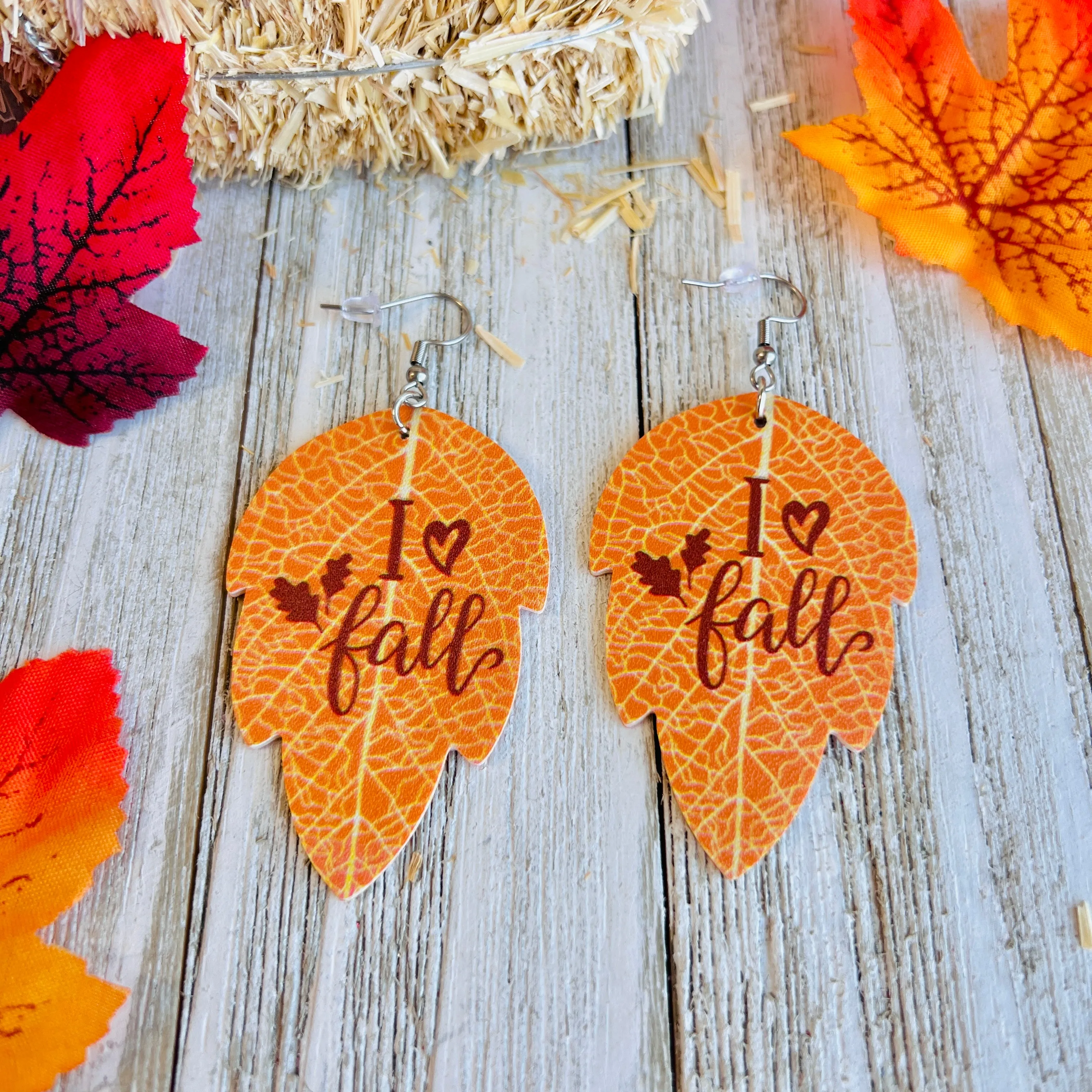 I Love Fall Leaf Shaped Faux Leather Drop Ear Bling