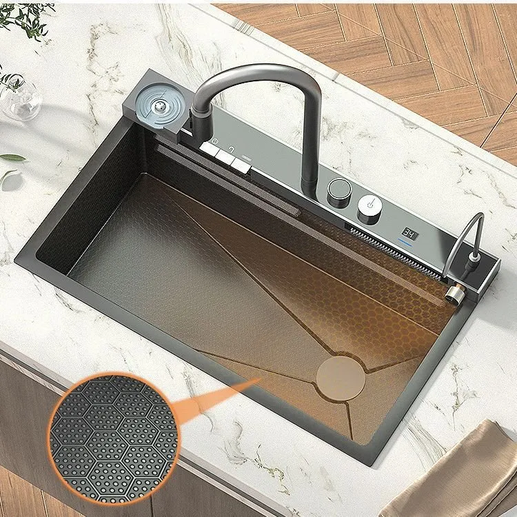 Integrated Waterfall Kitchen Sink Honeycomb Technology Large Digitial Display Stainless Steel Water Filter Cup Washer