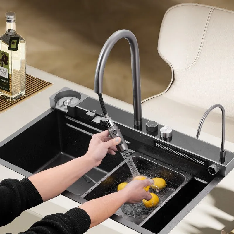 Integrated Waterfall Kitchen Sink Honeycomb Technology Large Digitial Display Stainless Steel Water Filter Cup Washer