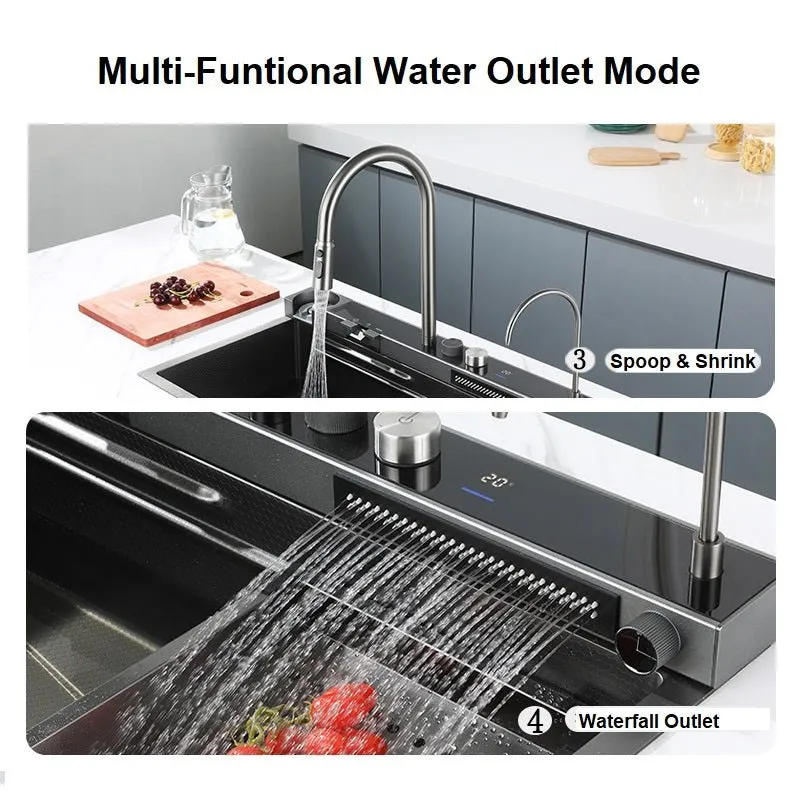 Integrated Waterfall Kitchen Sink Honeycomb Technology Large Digitial Display Stainless Steel Water Filter Cup Washer