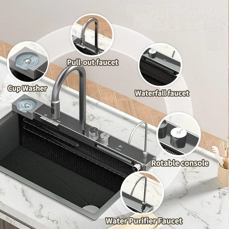 Integrated Waterfall Kitchen Sink Honeycomb Technology Large Digitial Display Stainless Steel Water Filter Cup Washer