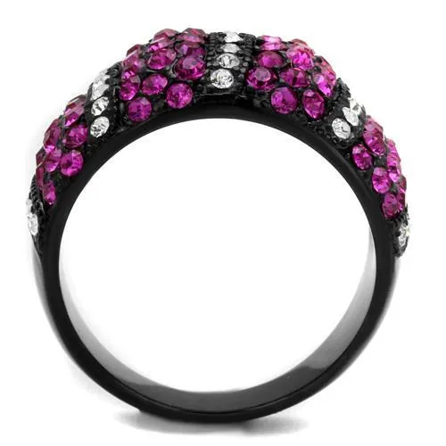 IP Black(Ion Plating) Stainless Steel Ring with Top Grade Crystal in Fuchsia for Women Style TK2356