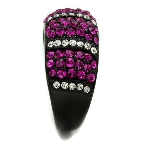 IP Black(Ion Plating) Stainless Steel Ring with Top Grade Crystal in Fuchsia for Women Style TK2356