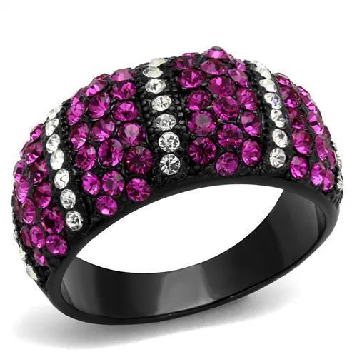 IP Black(Ion Plating) Stainless Steel Ring with Top Grade Crystal in Fuchsia for Women Style TK2356