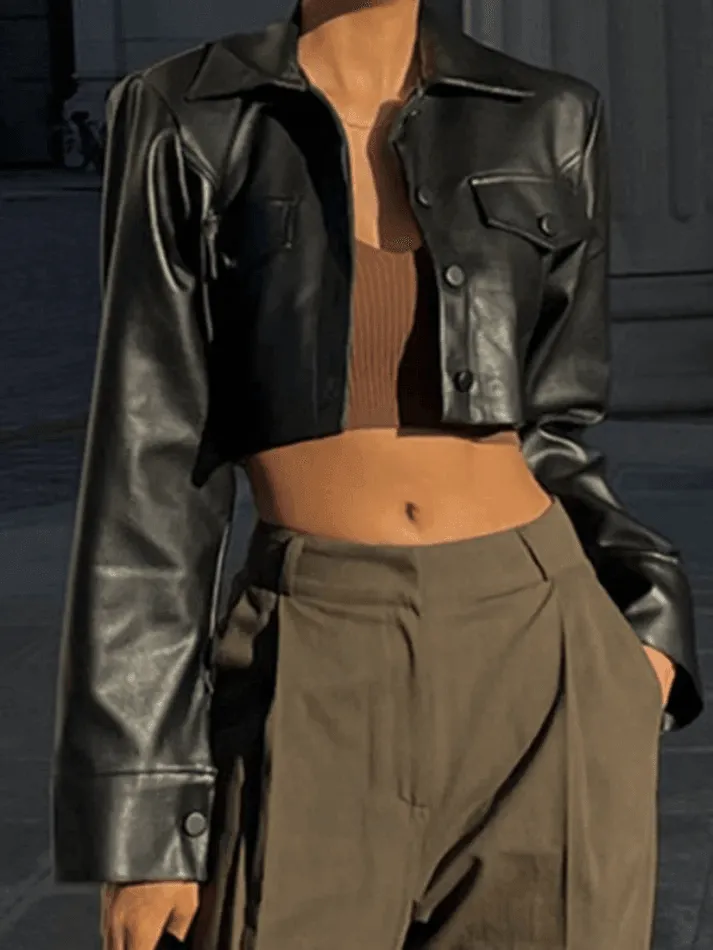 Joskaa Cropped Black Faux Leather Biker Jacket