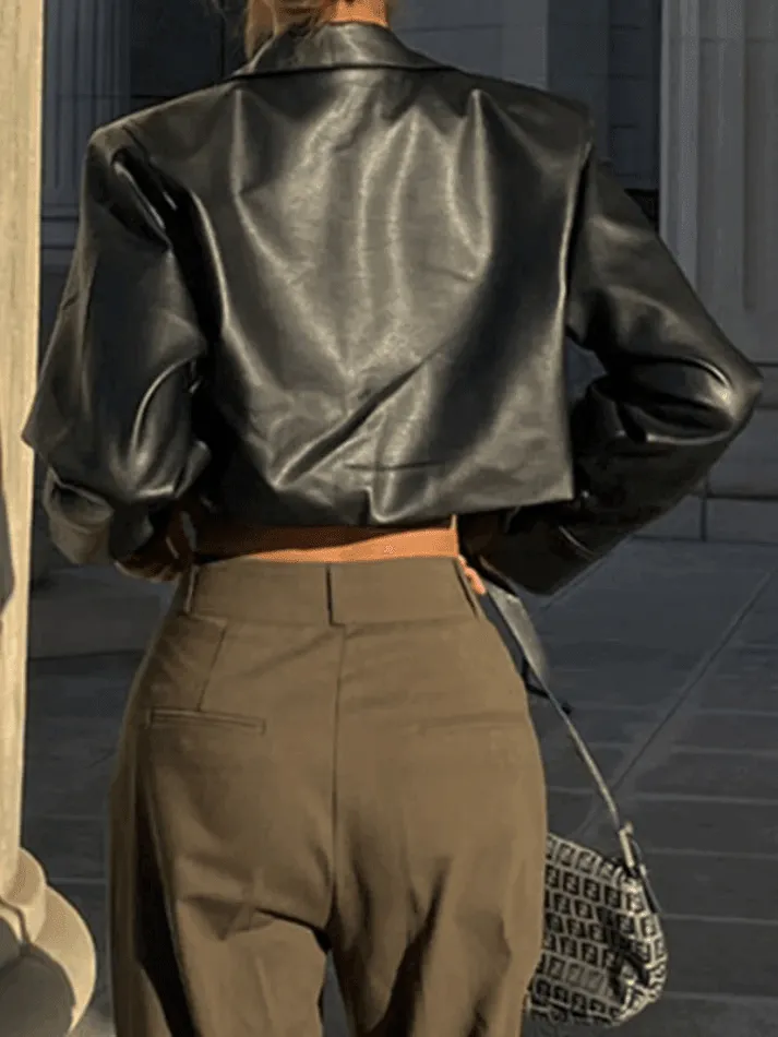 Joskaa Cropped Black Faux Leather Biker Jacket