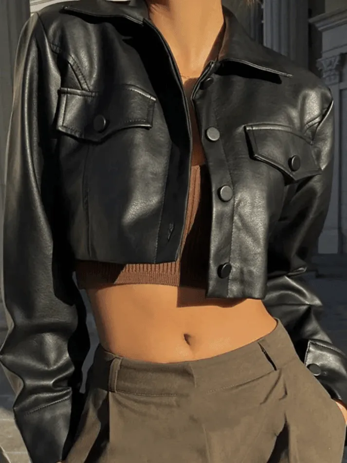 Joskaa Cropped Black Faux Leather Biker Jacket