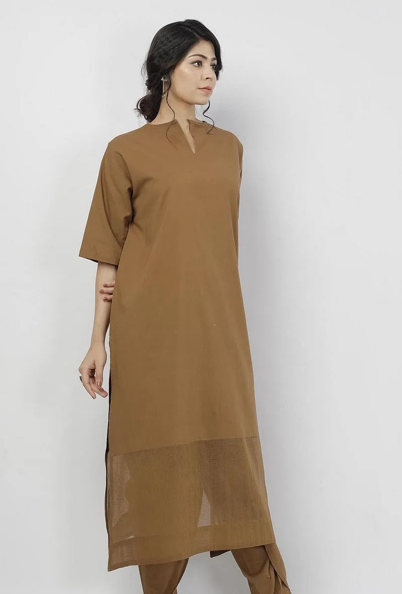 Kanak Beige Plain Round Neck Straight Fit Kota Bordered Cotton Kurta