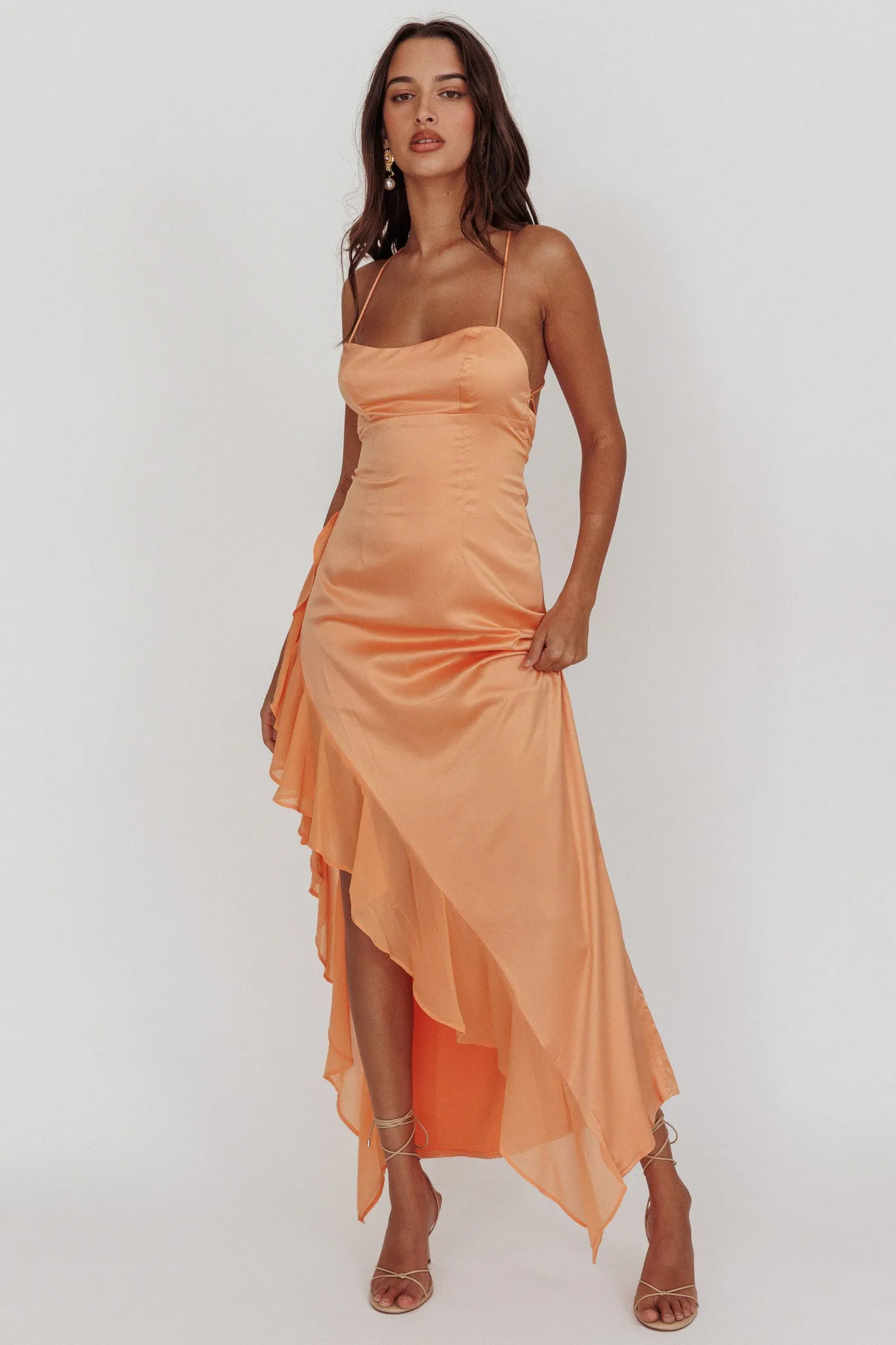 Katarina Satin Ruffle Hem Maxi Dress Mango