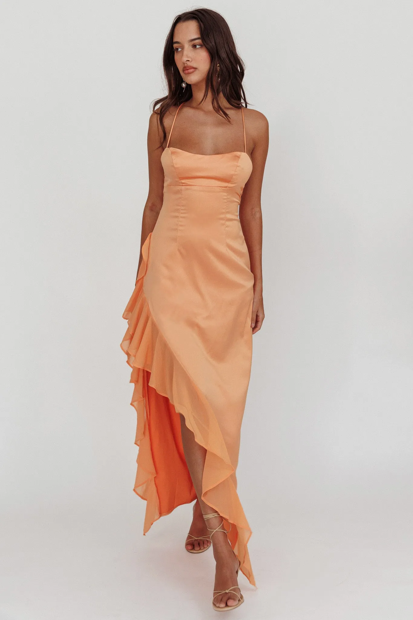 Katarina Satin Ruffle Hem Maxi Dress Mango