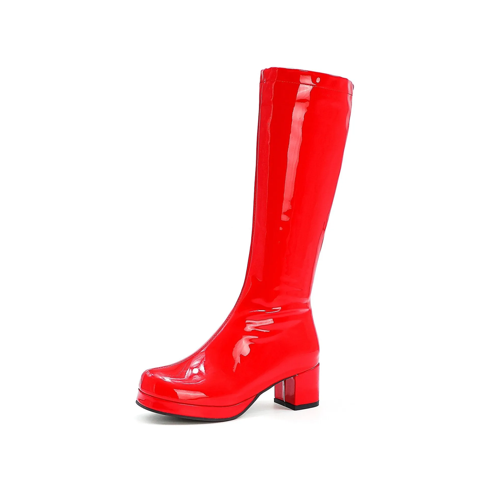 Knee high chunky heel solid color side zipper womens fashion boots