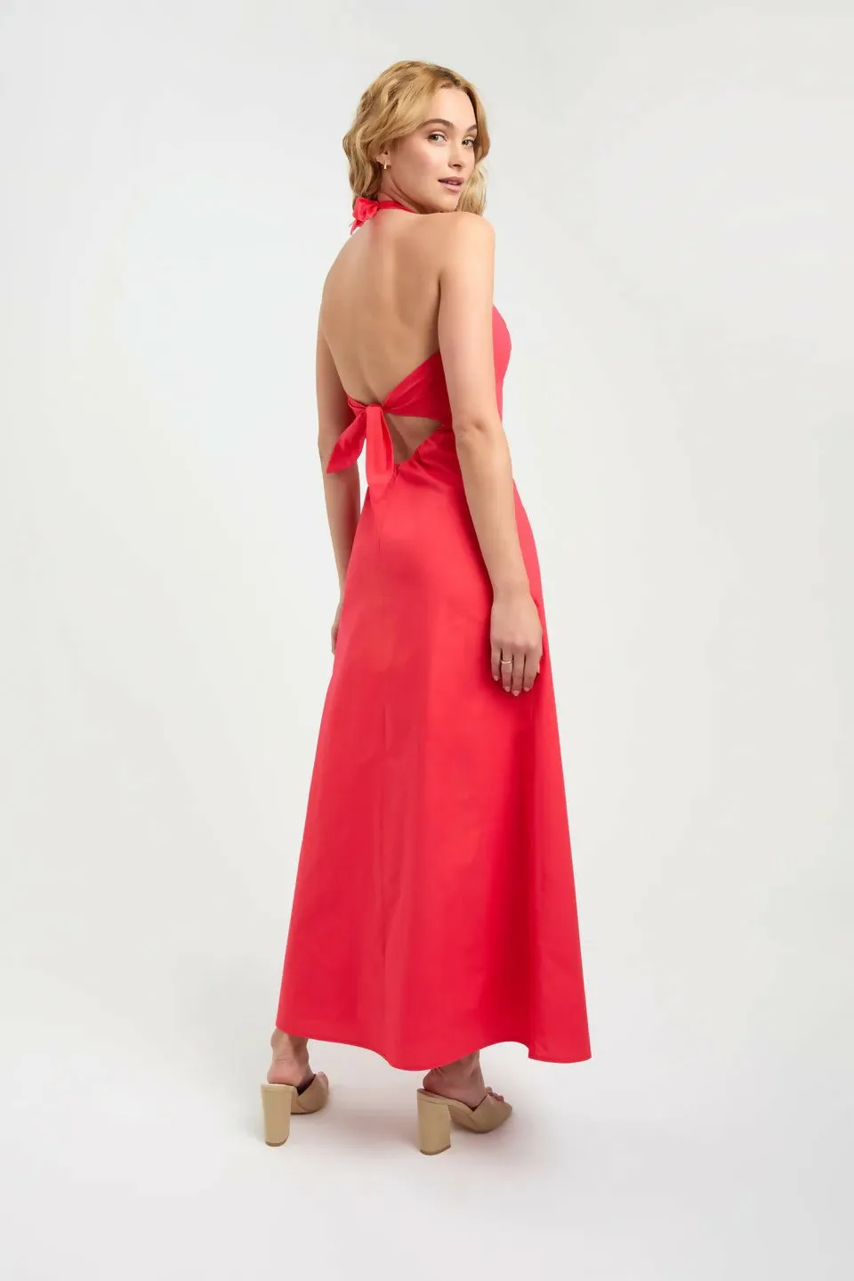 Kookai Poplin Vee Halter Dress in Candy Red