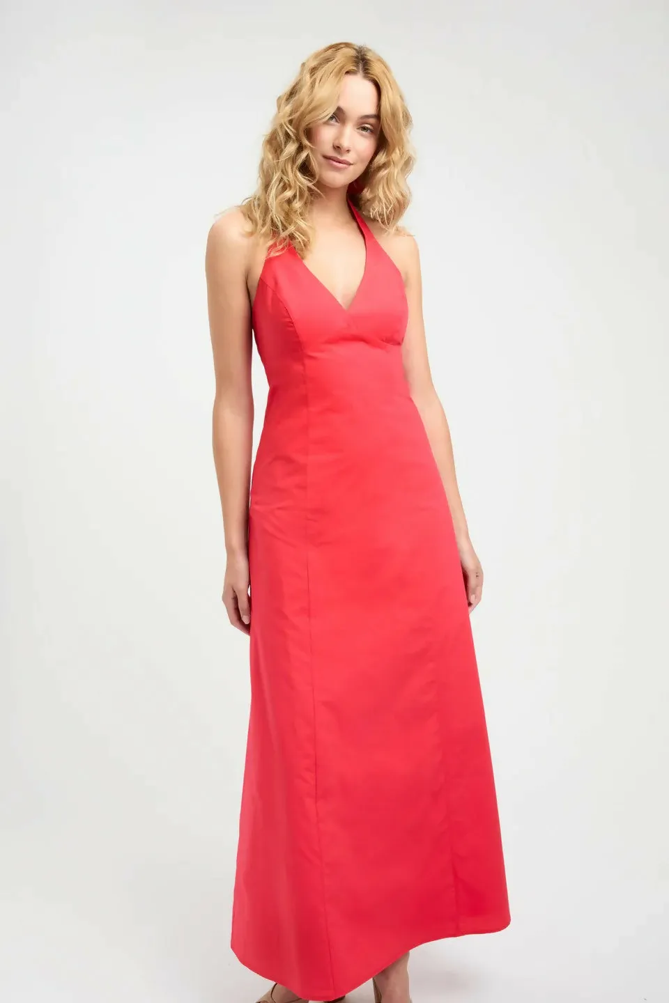 Kookai Poplin Vee Halter Dress in Candy Red