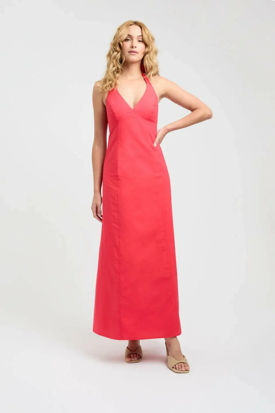 Kookai Poplin Vee Halter Dress in Candy Red