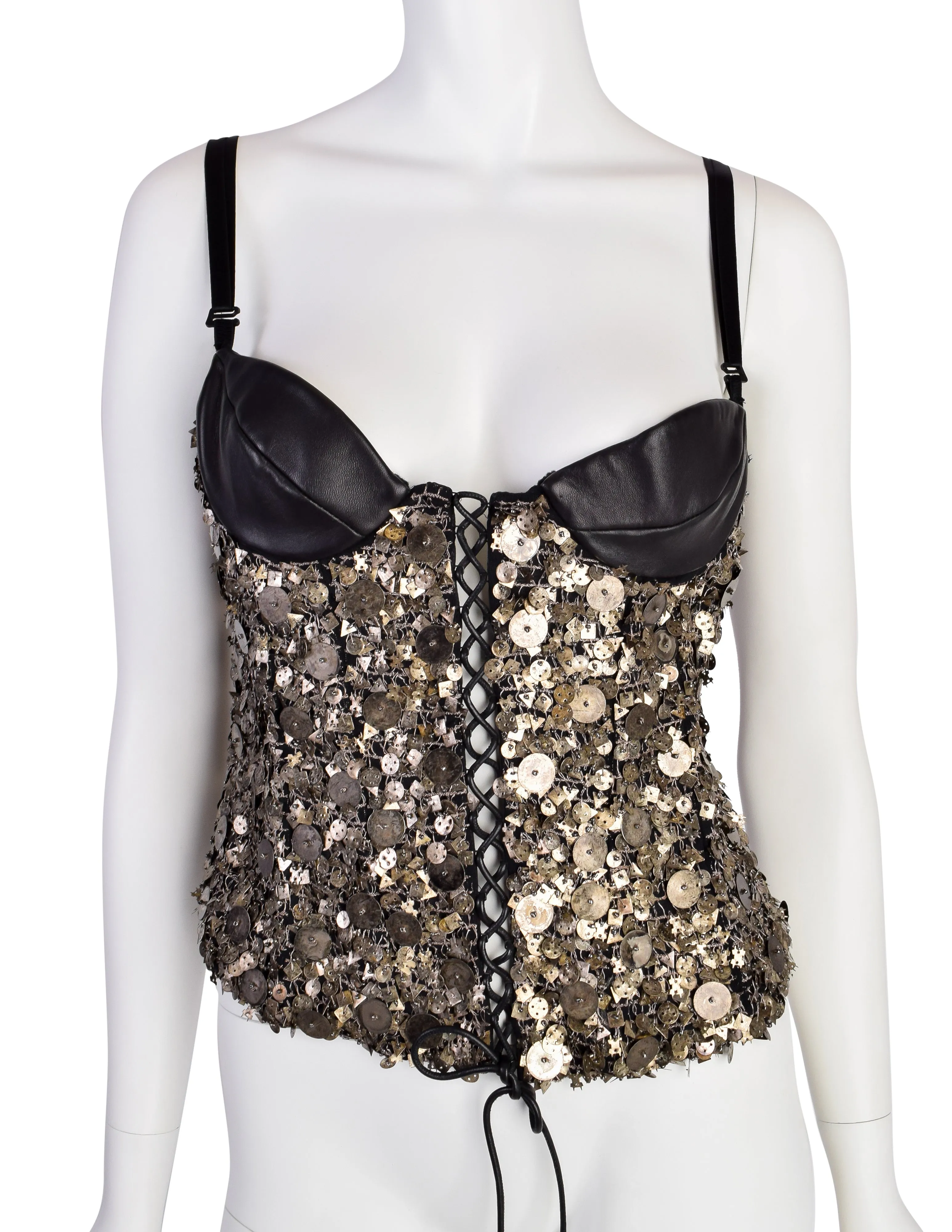 Krizia Vintage AW 2004 Black Leather Silk Brass Metal Embellished Bustier Top