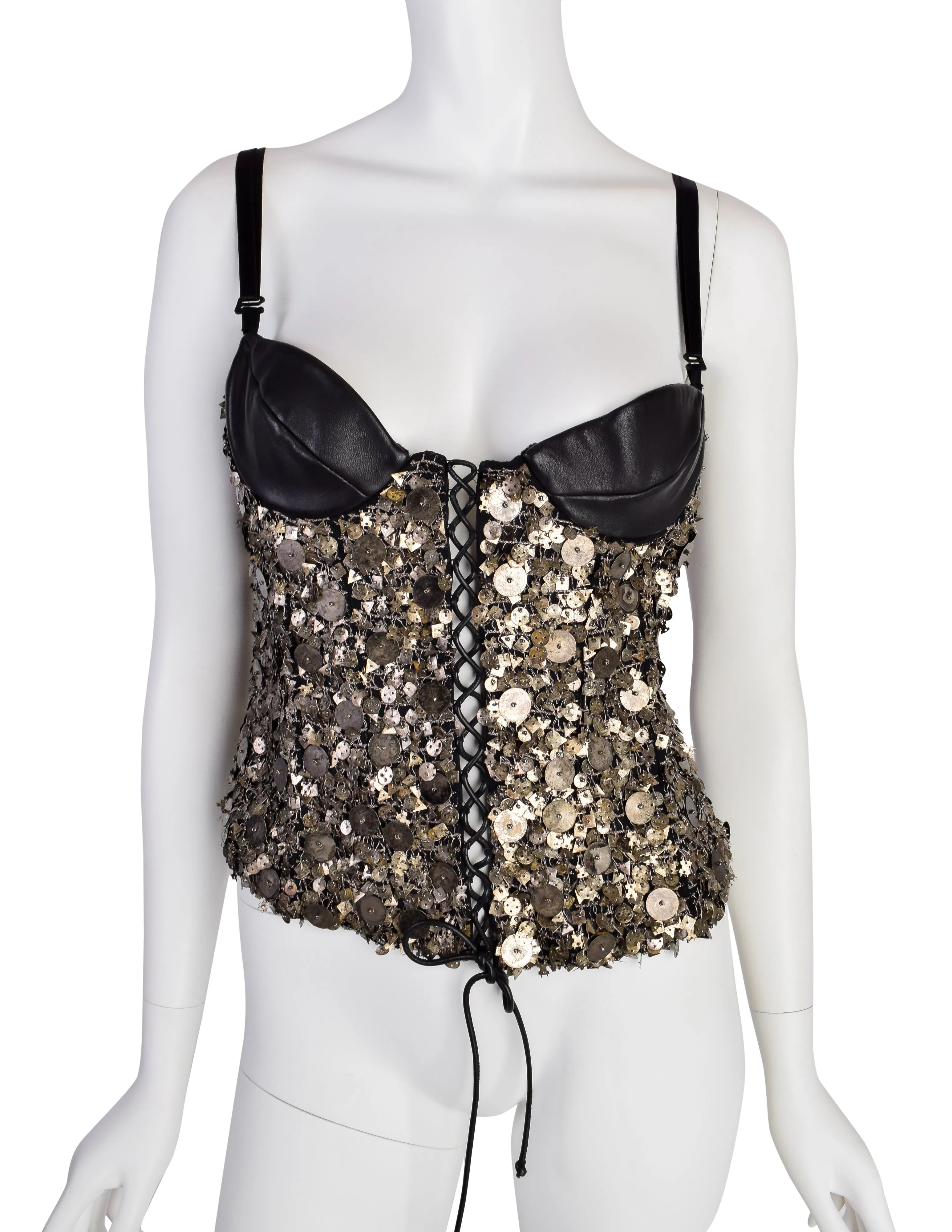 Krizia Vintage AW 2004 Black Leather Silk Brass Metal Embellished Bustier Top