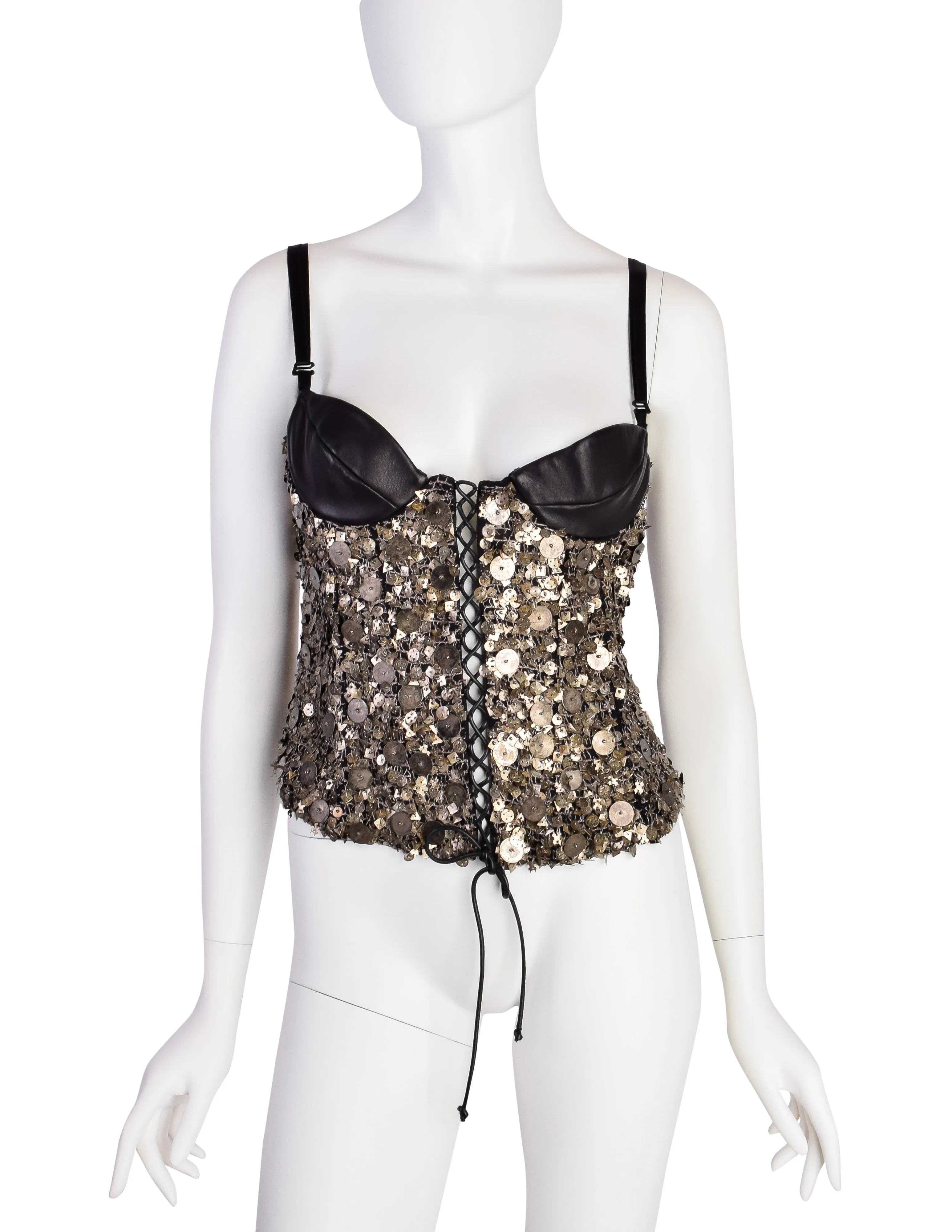 Krizia Vintage AW 2004 Black Leather Silk Brass Metal Embellished Bustier Top