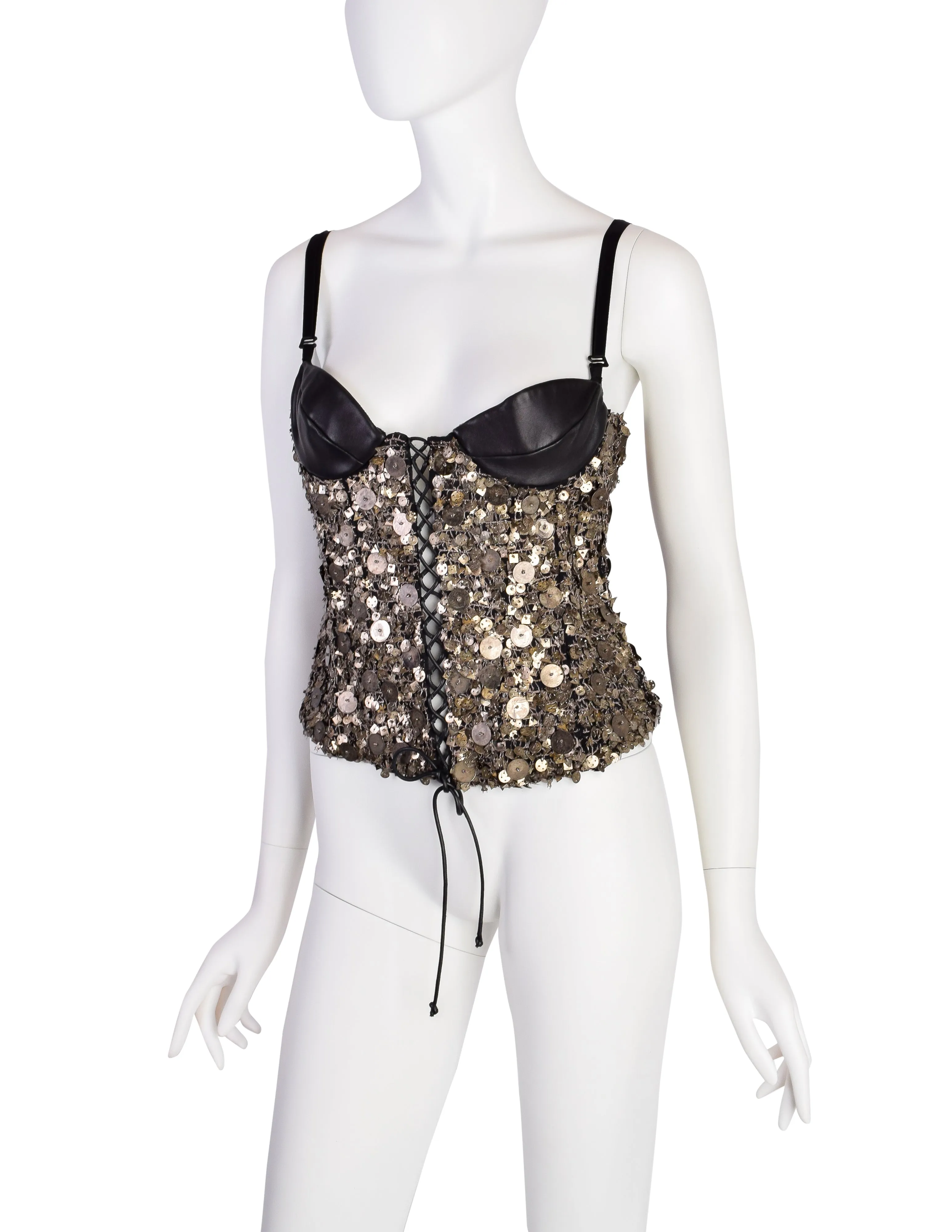 Krizia Vintage AW 2004 Black Leather Silk Brass Metal Embellished Bustier Top