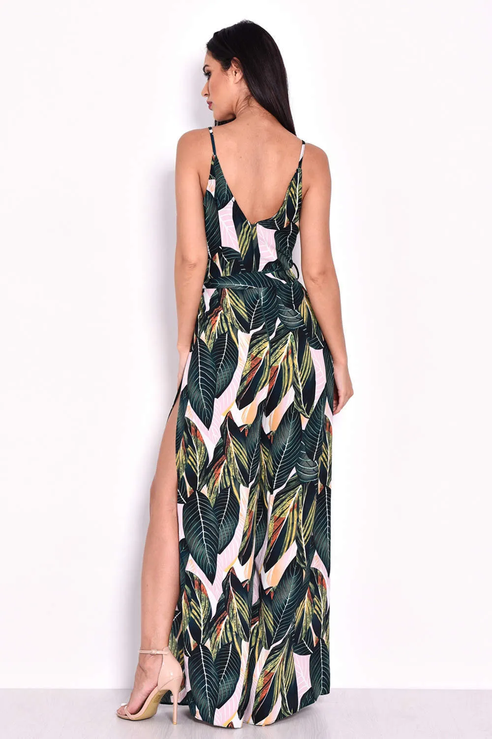 Leaf Print Wrap Front Jumpsuit