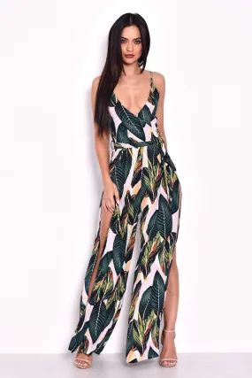 Leaf Print Wrap Front Jumpsuit