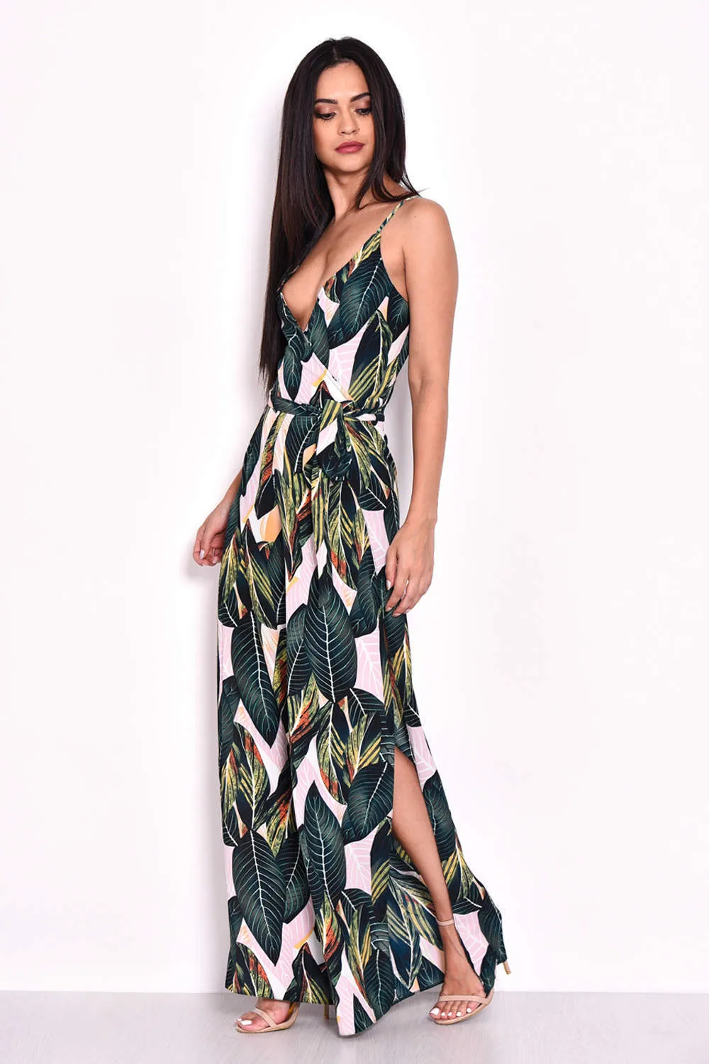 Leaf Print Wrap Front Jumpsuit