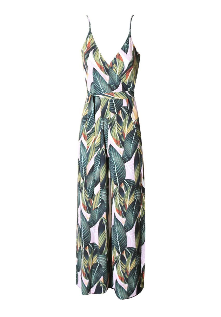 Leaf Print Wrap Front Jumpsuit