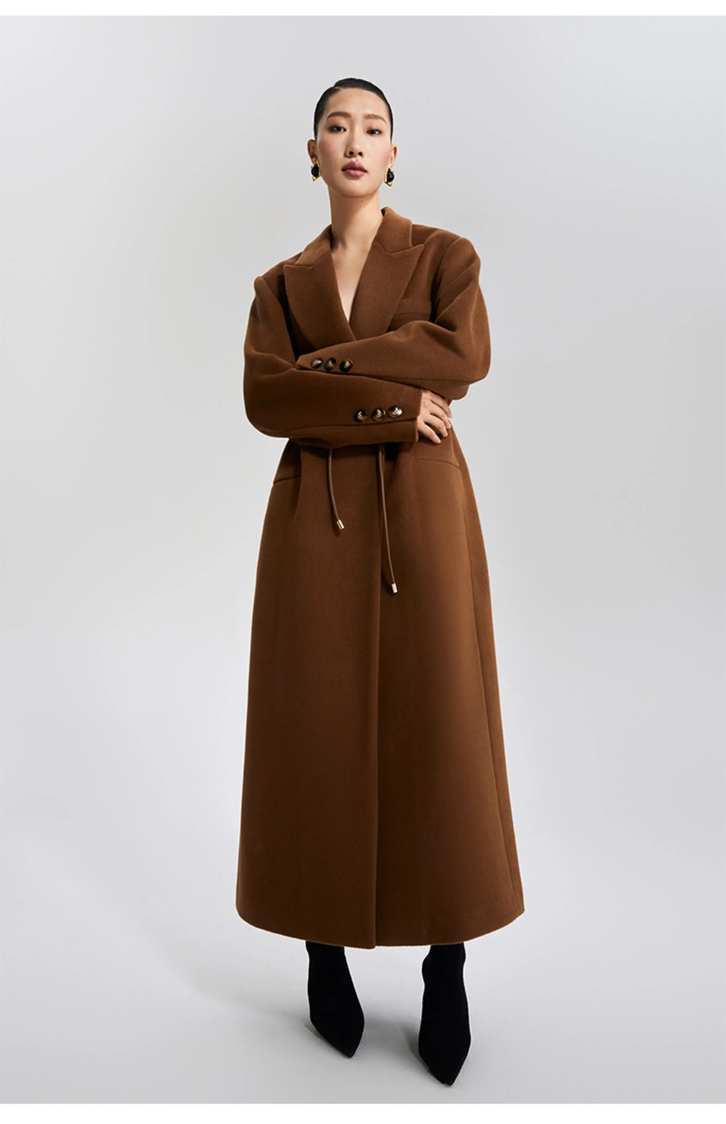 LEDI W designer pure wool long curved straight coat - Malliard