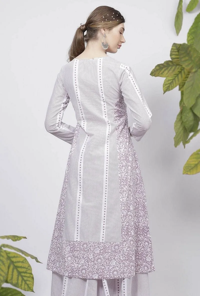 Lilac Floral Stripes Hand-Block Printed A line Cotton Kurta