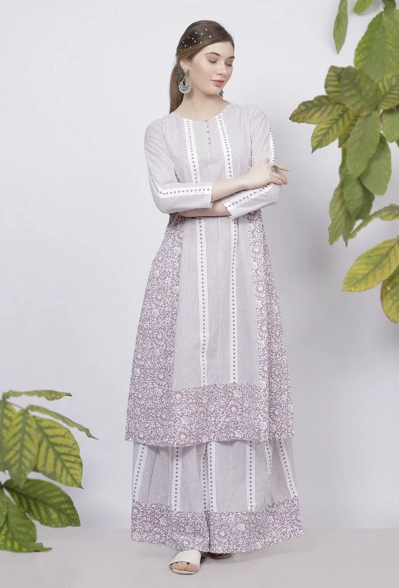 Lilac Floral Stripes Hand-Block Printed A line Cotton Kurta