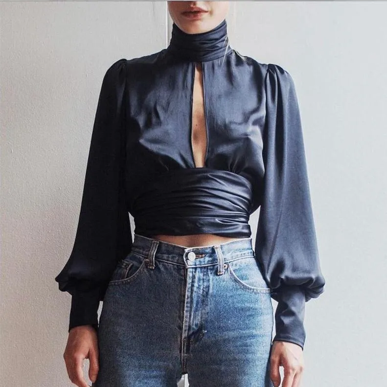 Liz Turtleneck Backless Cropped Satin Blouse