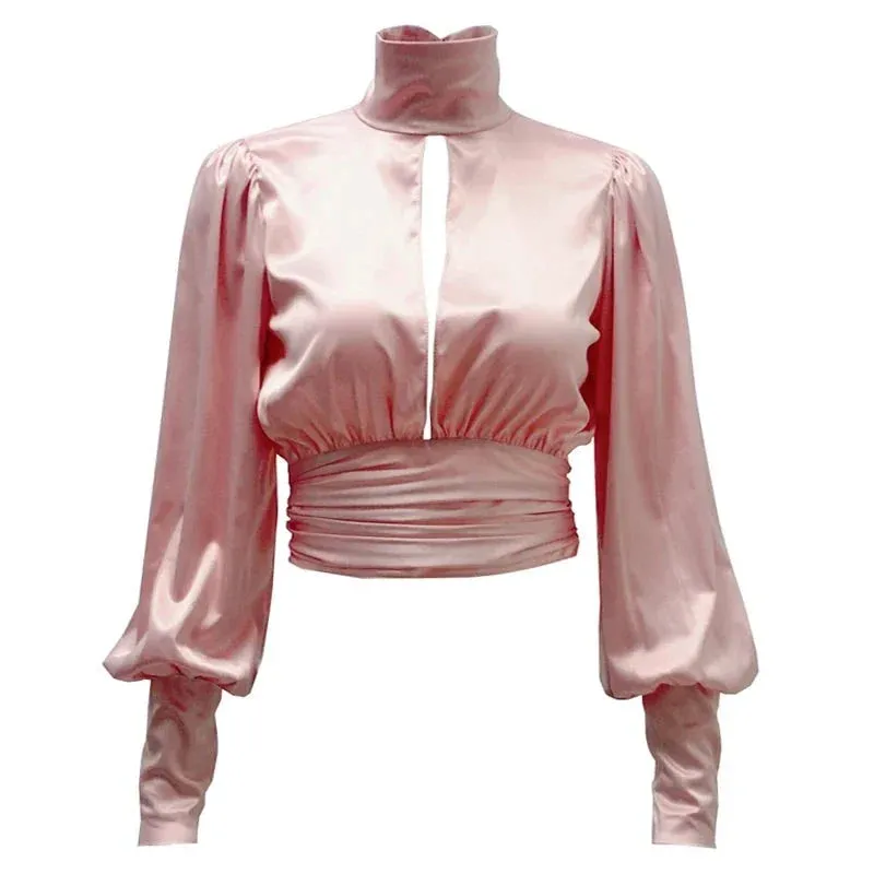 Liz Turtleneck Backless Cropped Satin Blouse