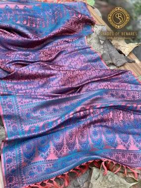 Luxury Redefined: Peach and Blue Pure Silk Handloom Printed Banarasi Silk Scarf