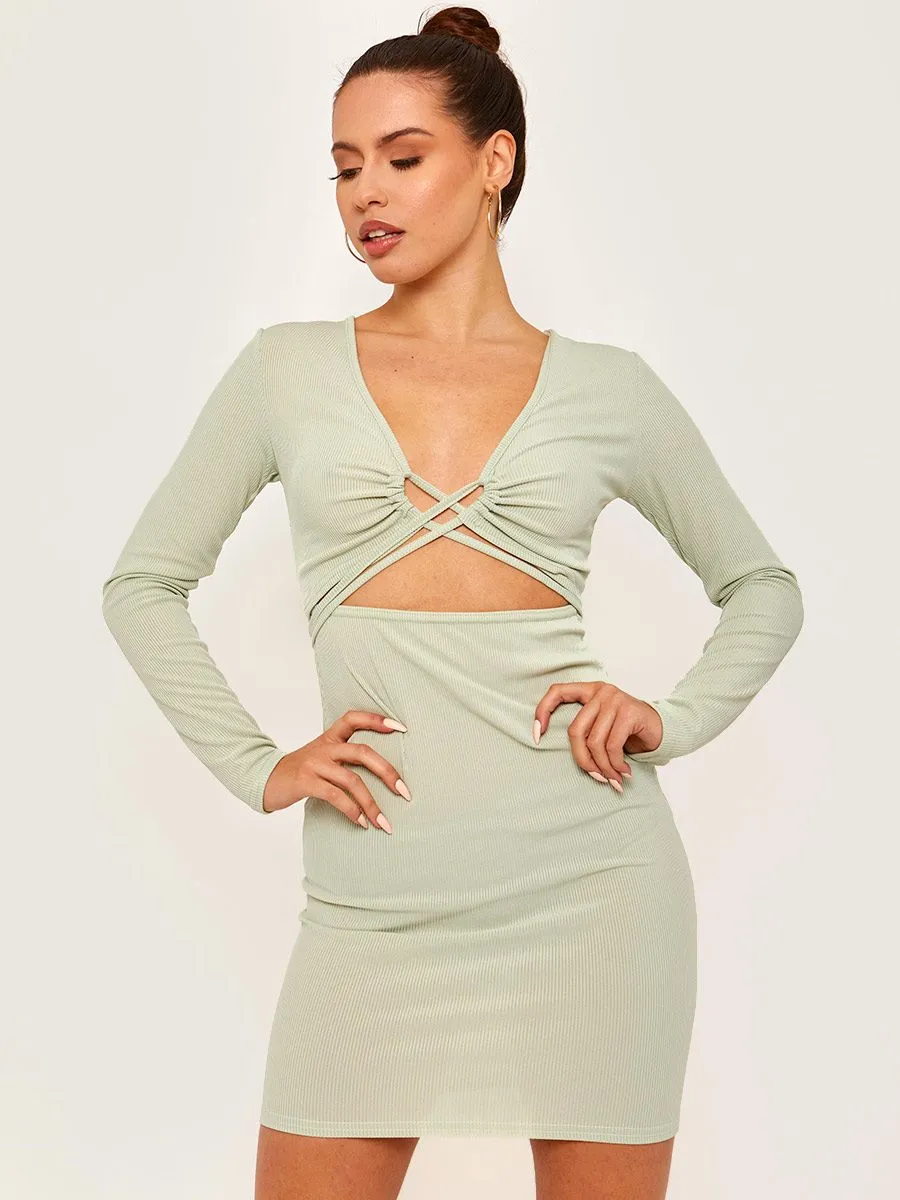 Maggie Criss Cross Bust Ribbed Bodycon Dress In Green