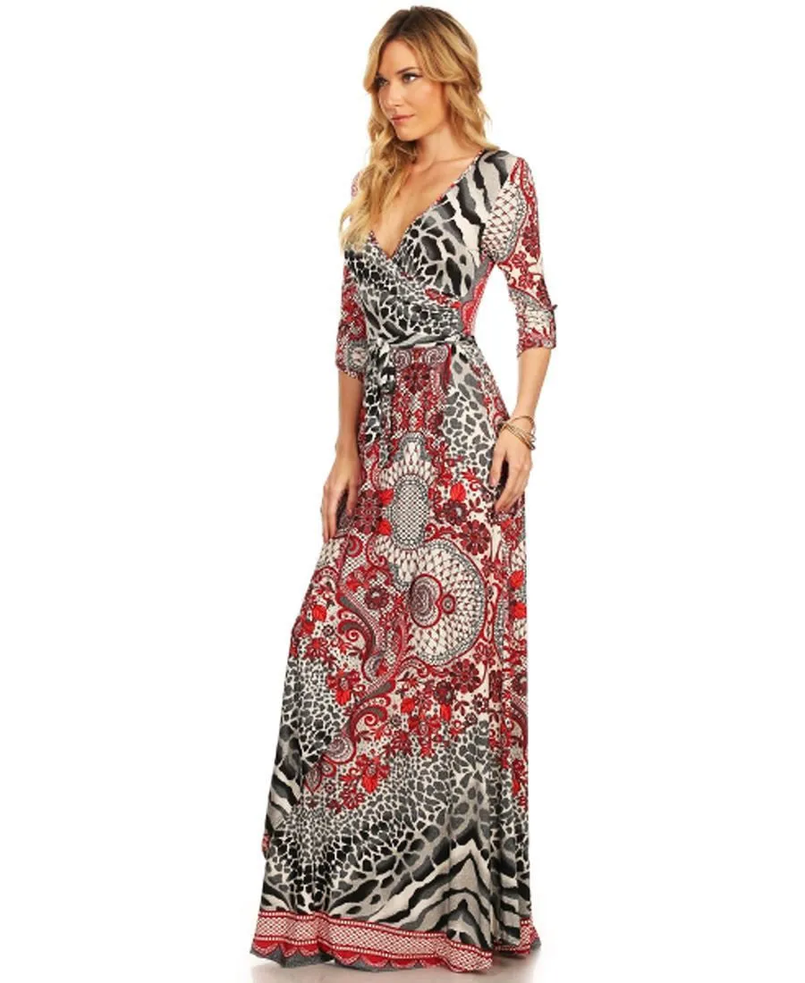 Maxi Dress with Sleeves Leopard Red Black Accent