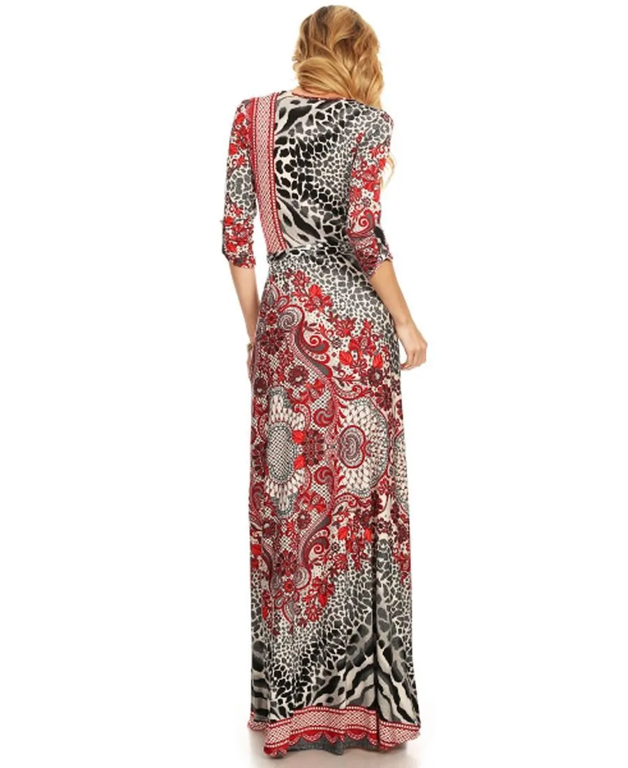 Maxi Dress with Sleeves Leopard Red Black Accent