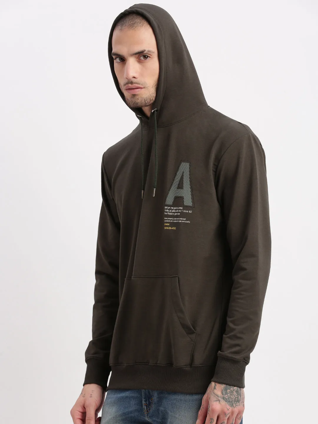 Men Olive Graphic Hooded Pullover