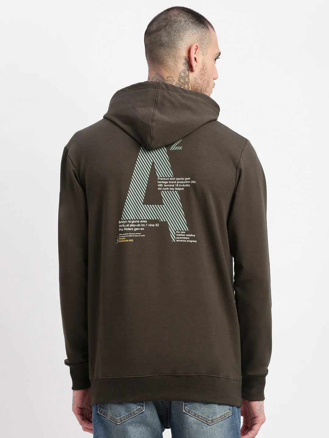 Men Olive Graphic Hooded Pullover