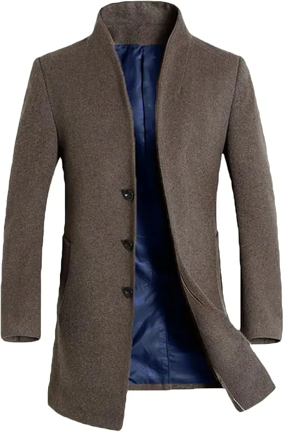 Men's Black Mid-Length Single Breasted Wool Blend Top Coat