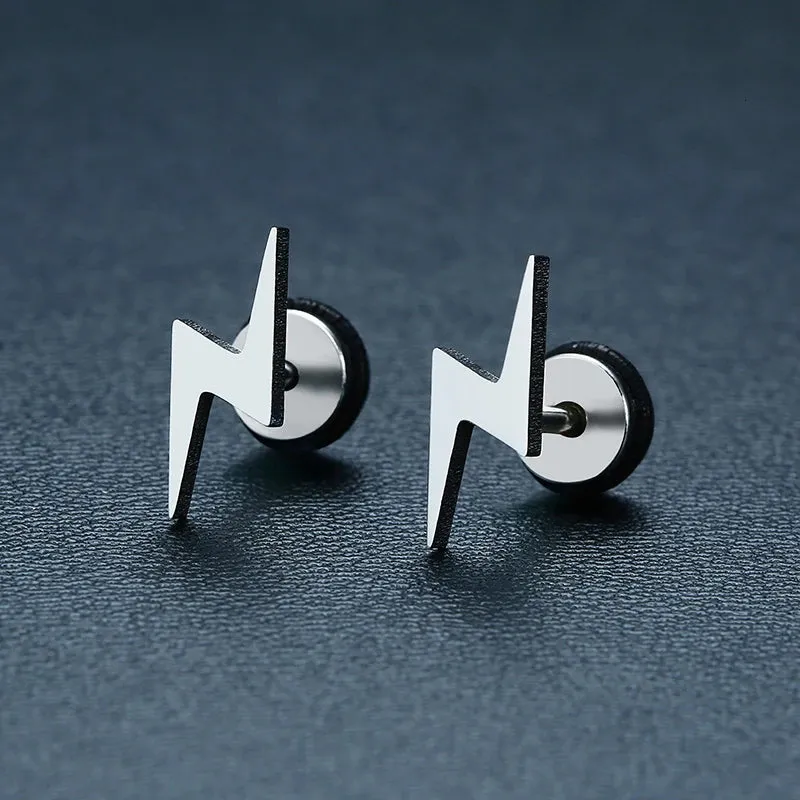 Mens Cool Lightning Shaped Stud Earrings and Black Tone Stainless Steel Accessory Wholesale