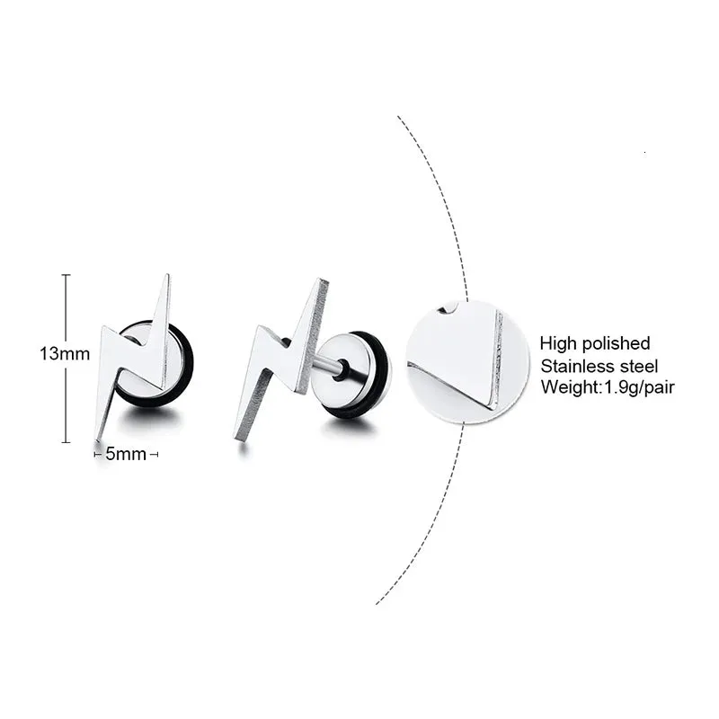 Mens Cool Lightning Shaped Stud Earrings and Black Tone Stainless Steel Accessory Wholesale