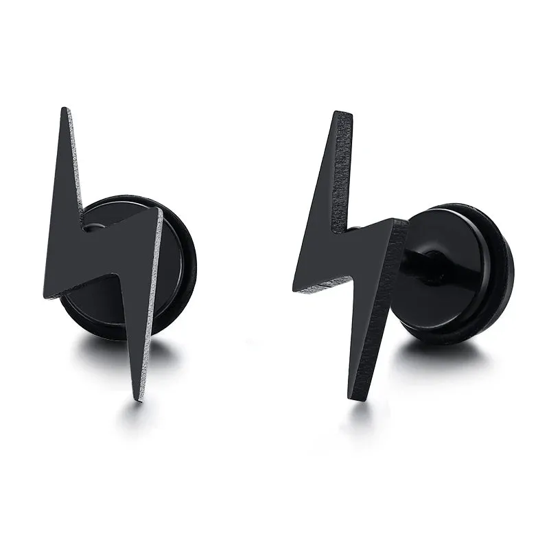 Mens Cool Lightning Shaped Stud Earrings and Black Tone Stainless Steel Accessory Wholesale