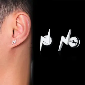 Mens Cool Lightning Shaped Stud Earrings and Black Tone Stainless Steel Accessory Wholesale