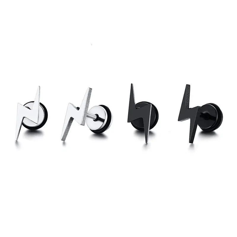 Mens Cool Lightning Shaped Stud Earrings and Black Tone Stainless Steel Accessory Wholesale